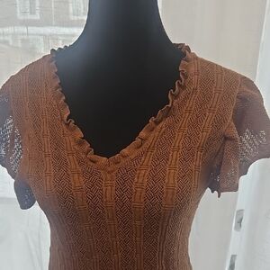 Brown Knit V-Neck Short Sleeve Blouse